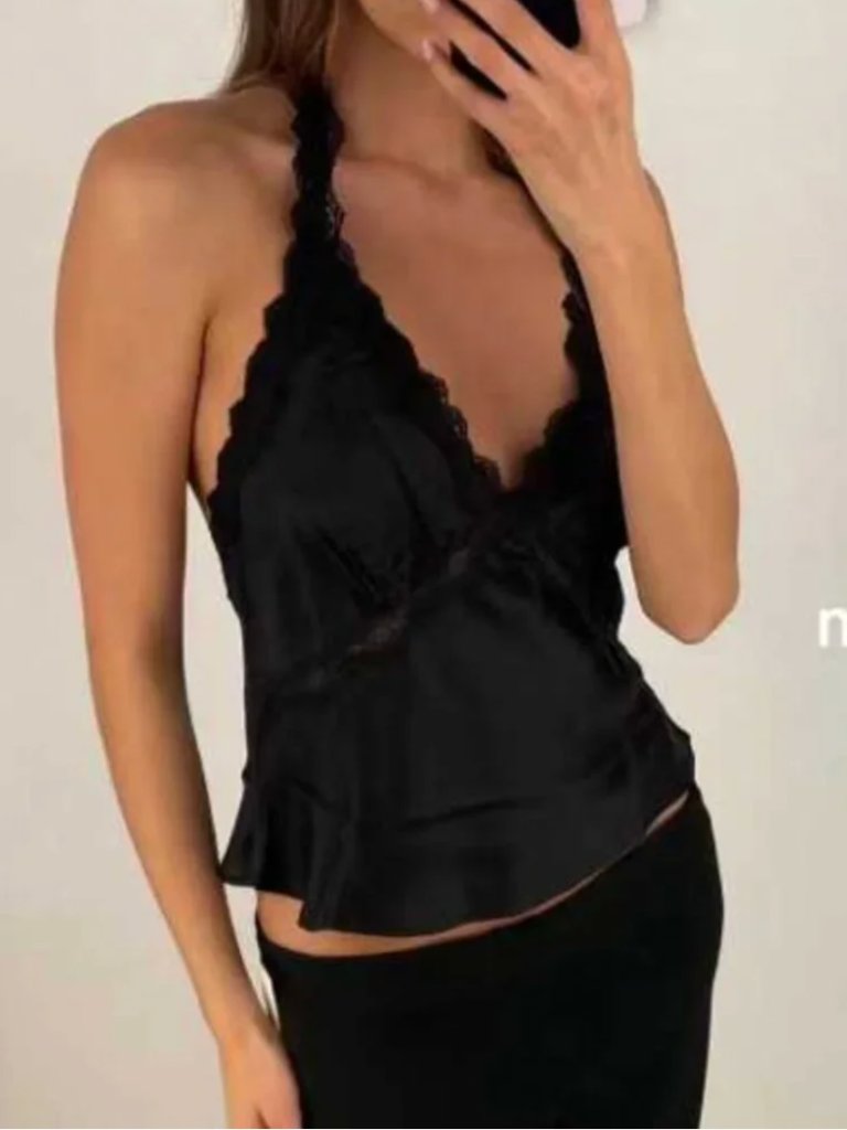 Reformation Monica Silk Top Small Black Noir Halter Lace Lux French